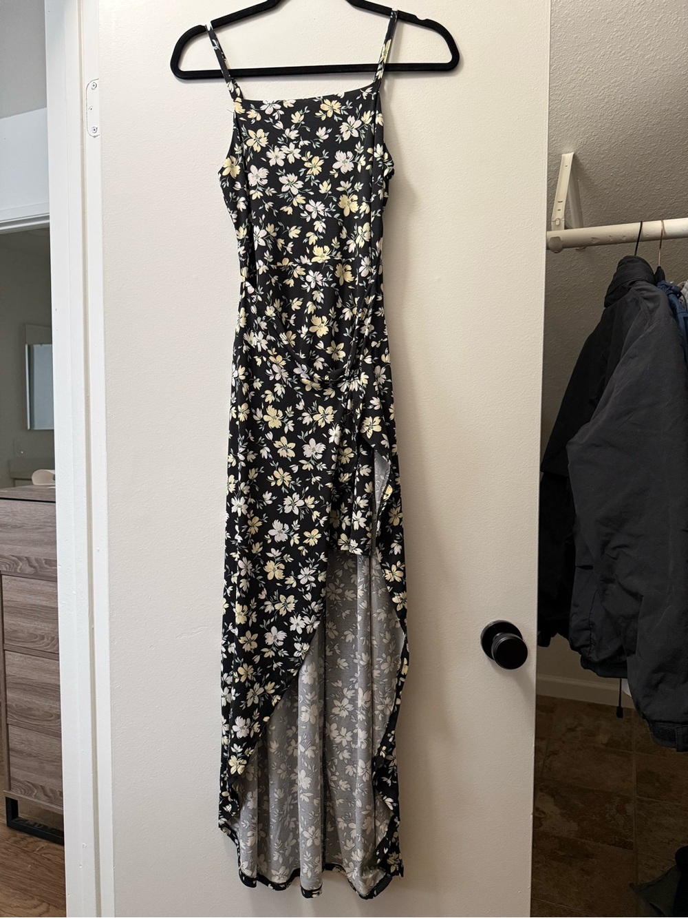 No Boundaries Black Floral High-Low Maxi Dress with Cream Flowers